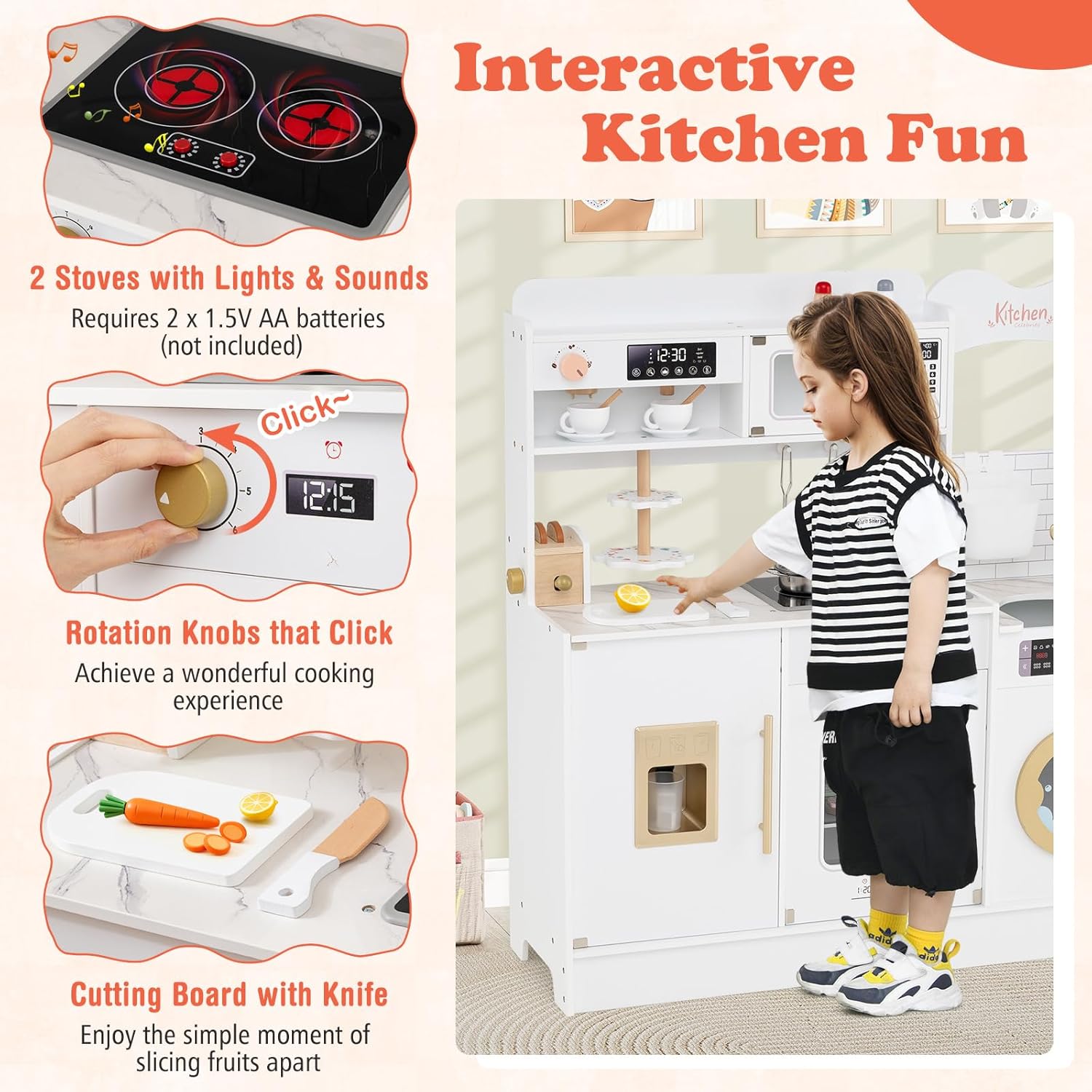 Costzon Kids Kitchen Playset, Toddler Wooden Pretend Playset w/Real Lights & Sounds, Faucet, Microwave Oven, Coffee Machine, Toaster & Ice Dispenser, Little Chef Play Kitchen for Kids Aged 3+ (White)