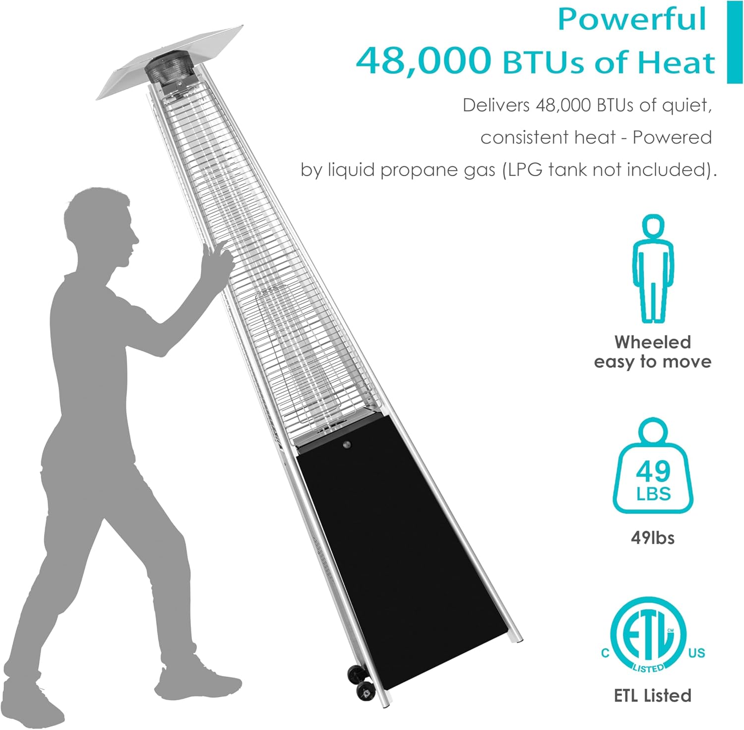 Nuu Garden Outdoor Pyramid Patio Heater, 48,000 BTU Propane Patio Heater with Glass Tube, Wheels, Outdoor Heater for Patio, Garden, Backyard, Porch, Black