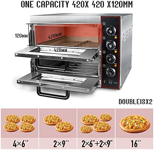 Shikha Commercial Pizza Oven 16 inch Pizza Double Deck 3000W 110V Electric Oven Multipurpose Toaster Bake Broiler 40L Capacity Stainless Steel for Restaurant Home Pizza Pretzels Baked Roast Yakitori