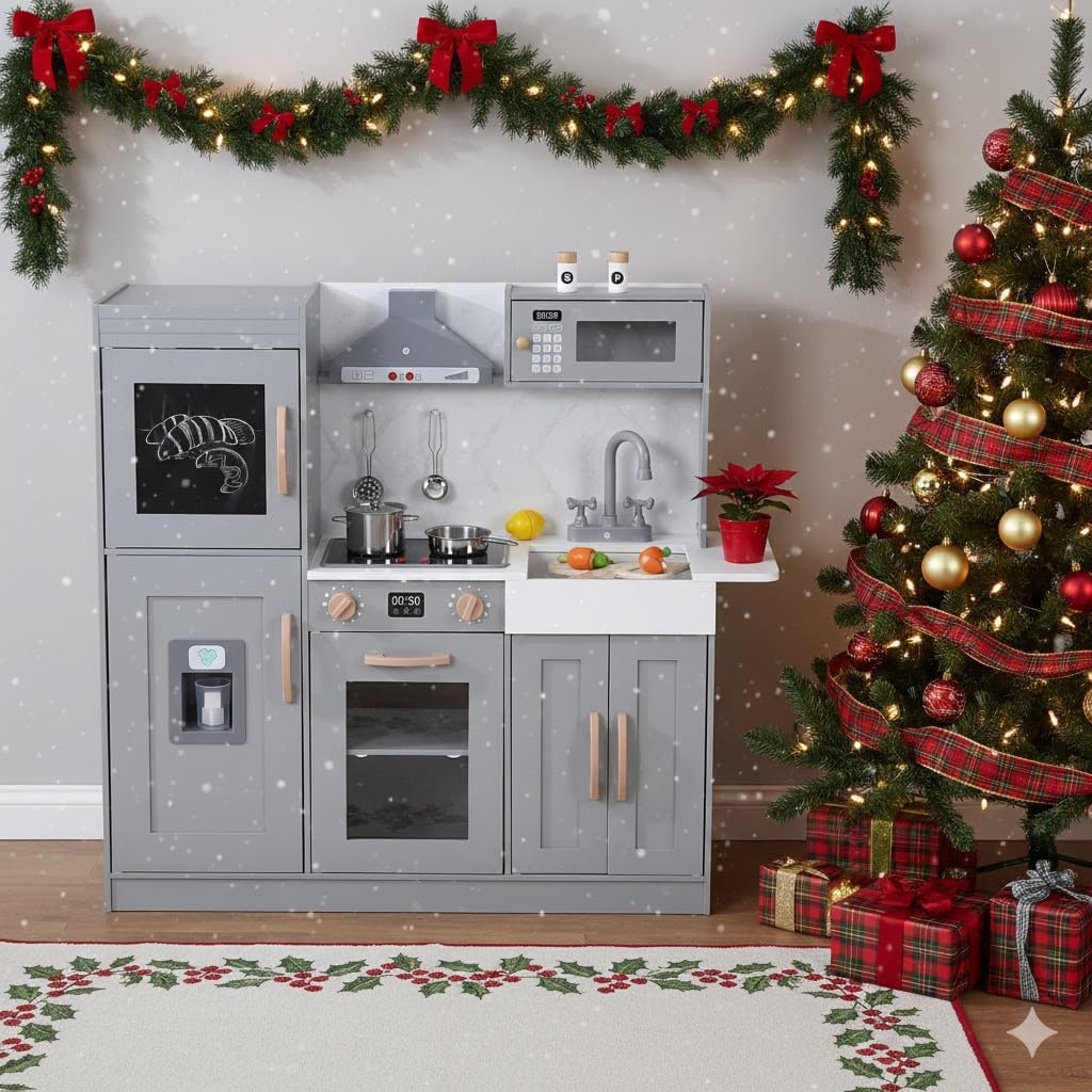 CABIHOME Wooden Play Kitchen Set with Cookware Accessories, Real Lights & Sounds, Include Microwave, Oven, Sink, Pretend Play Kitchen for 3+ Chef Pretend Play, Gray