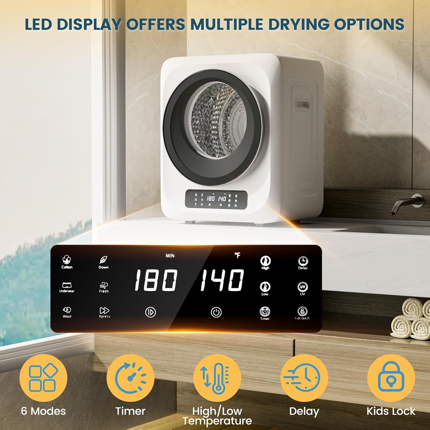 Zynkez 12Lbs Portable Clothes Dryer, 120V 850W Electric Compact Laundry Dryer with 6 Drying Modes, LED Touch Panel, Stainless Steel Tub for Apartments, Home, Dorms, RVs (White)