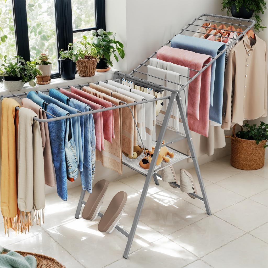 APEXCHASER Drying Rack Clothing, Clothes Drying Rack Foldable, Metal Laundry Drying Rack Collapsible for Sweater Towel Indoor & Outdoor, Height Adjustable Gullwing Clothes Airer, Grey