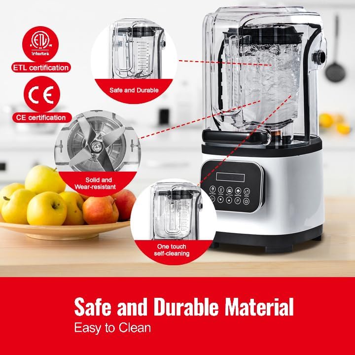 Happybuy Professional Blender with Shield, Commercial Countertop Blender, 68oz Plastic Jar, Stainless Steel, 9 Speed & 5 Functions for Shakes, Smoothies, Puree & Ice Crushing ，White