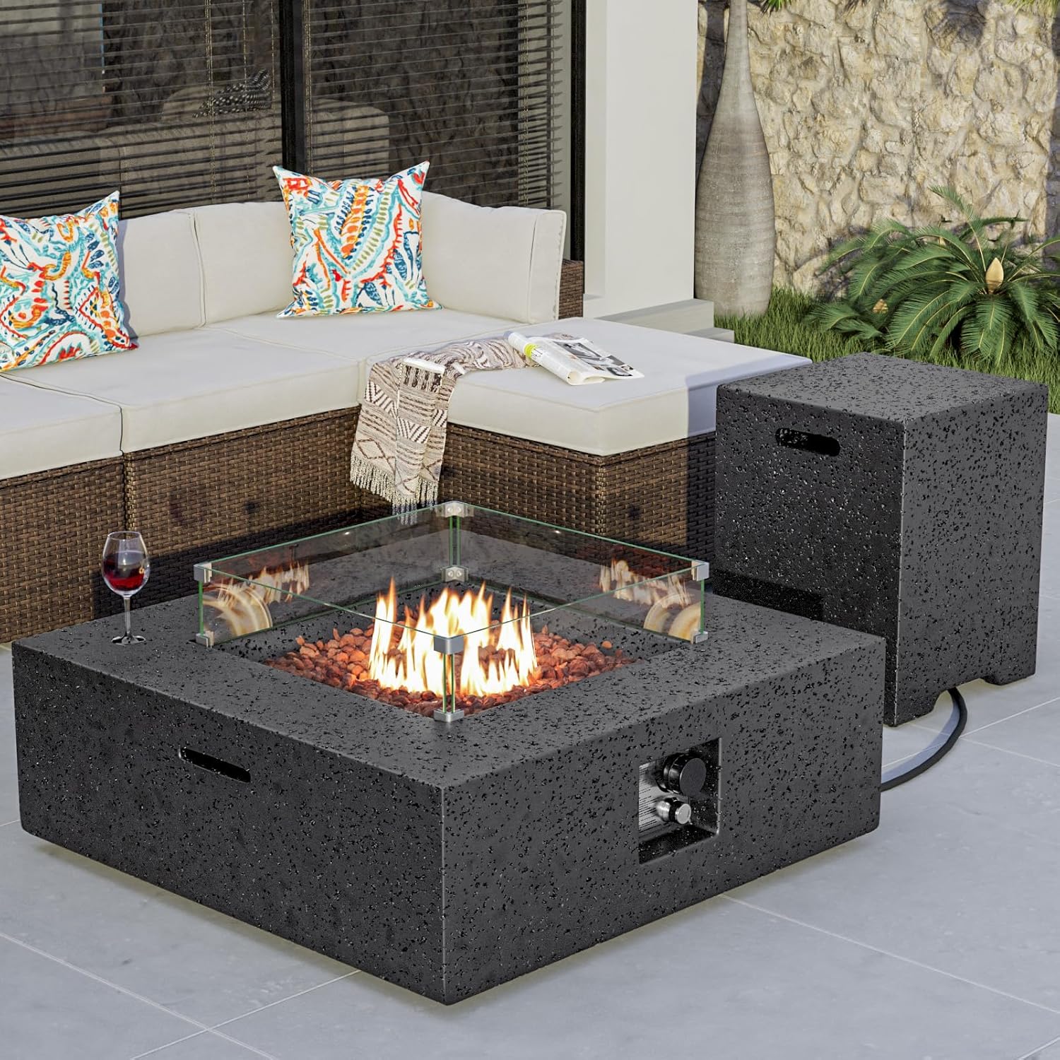 HOMPUS 35 inch Outdoor Propane Fire Pit & Outdoor Fireplaces, Coffee Table Square Faux Stone Base, 50000 BTU Stainless Steel Burner, Free Lava Rocks and Rain Cover, Wind Guard, Tank Cover, Gray