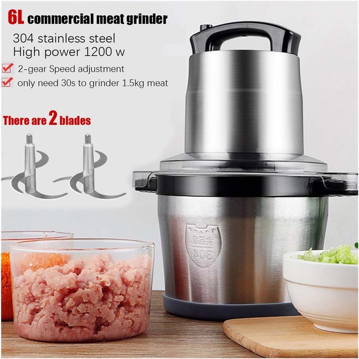 6L Stainless Steel Meat Grinder Blender Chopper Electric Mincing Machine Household Or Commercial Processor Garlic Crusher(US_220 V)