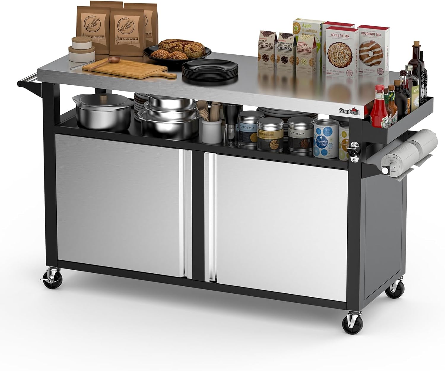 Stanbroil Rolling Outdoor Kitchen Island, BBQ Grill Cart with Stainless Steel Table Top, Double-Door Storage Cabinet & Pull-Out Shelf, Grill Table Cart for Outdoor Indoor, Large