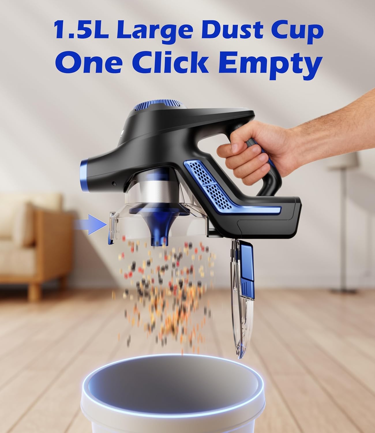 Cordless Vacuum Cleaner for Home, 45Kpa Stick Vacuum, Max 80mins Runtime, 1.5L Dust Cup, Rechargeable Lightweight Handheld Vacuum for Carpet/Hardwood Floor/Pet Hair/Car (Navy Blue)