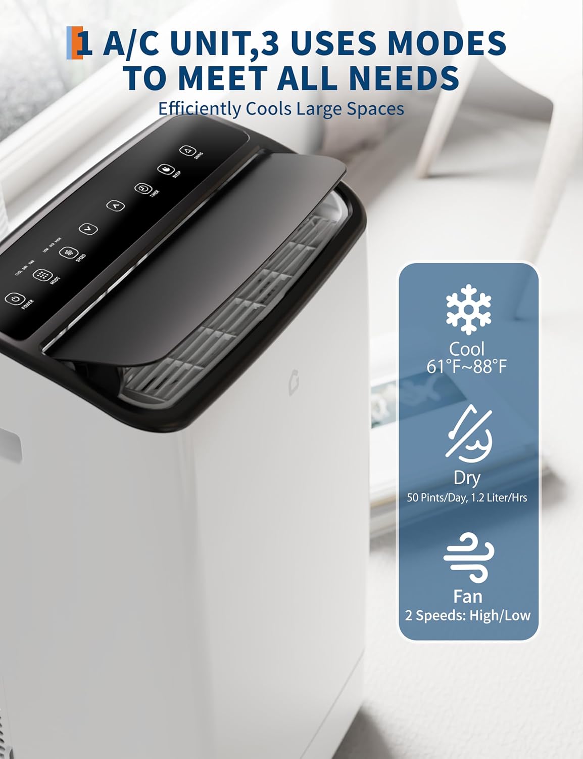 14,000 BTU Portable Air Conditioner for 750 sq.ft Rooms, 3-in-1 Cooling/Dehumidifier/Fan, Low Noise, Self-Evaporative, Easy Installation Kit Included, Black Top Cover