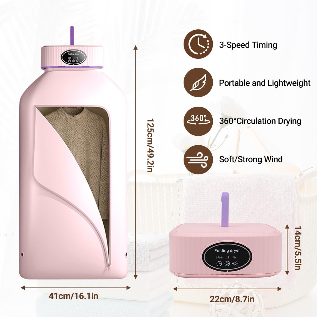 Portable Clothes Dryer, Mini Dryer Machine with Timer, Portable Dryer for Apartments Home Travel RVs, Mini Electric Laundry Dryer Machine with Dryer Bag, Two Heating Mode, Time Setting Function (Pink)