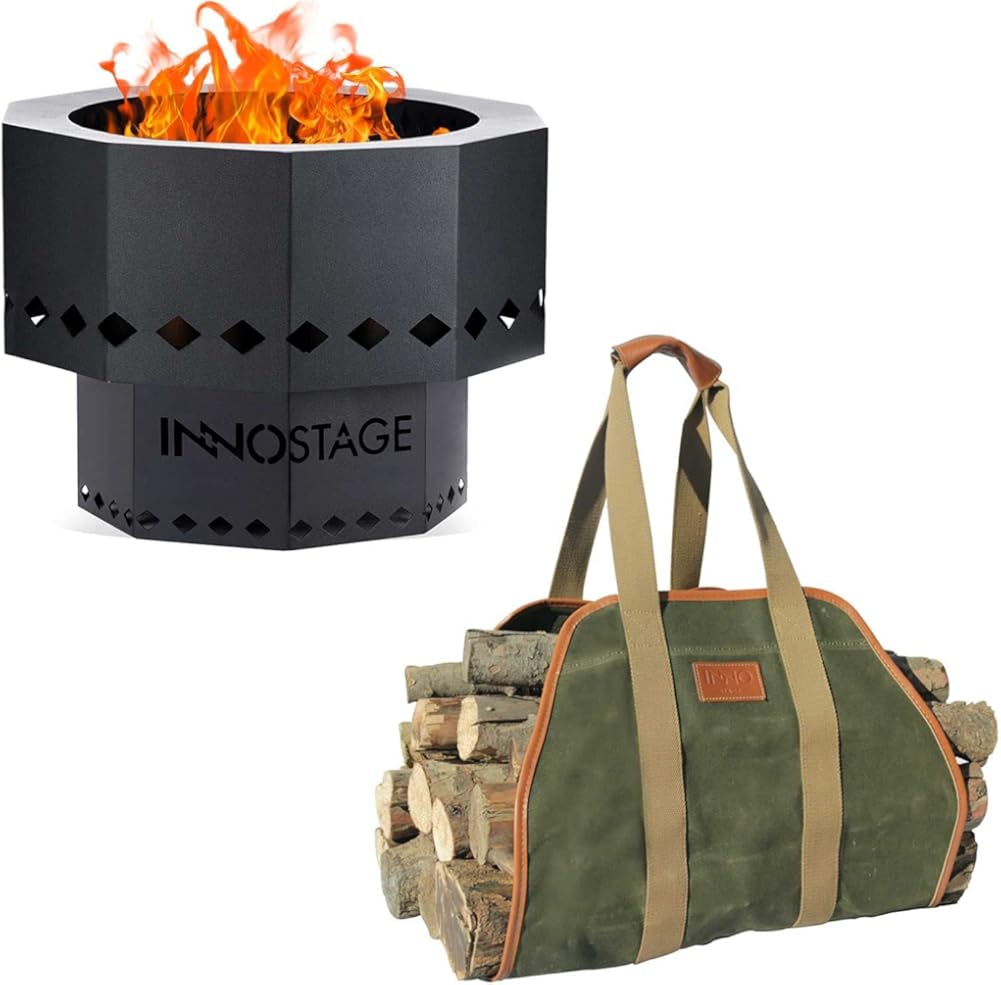 Waxed Canvas Log Carrier Tote Bag and Patented Smokeless Fire Bowl Pit