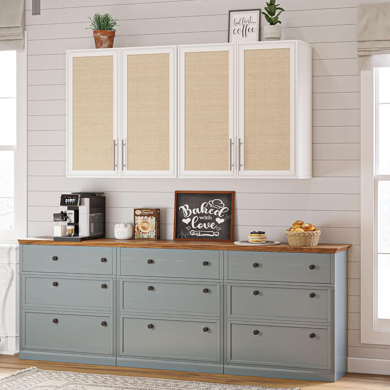 29.5’’ Laundry Room Cabinets, Wall Mounted Cabinet with Rattan Doors and Adjustable Shelf, Kitchen Wall Cabinet, Bathroom Wall Cabinet, Upper Cabinet for Laundry, White