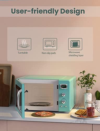 Retro Microwave Oven 0.9Cu.ft，900W Compact Countertop Microwave w/5 Micro Power & 8 Auto Cooking, Child Lock, Timer Setting & Glass Turntable, LED Display, Mint Green