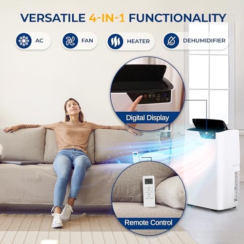 SereneLife 14000 BTU Portable Air Conditioner with Heating Function, 4-in-1 Standing AC for Room Up to 500 Sq. Ft. with Touch Control Panel, WiFi, and LCD Remote Control, High Efficiency CEER 7.60
