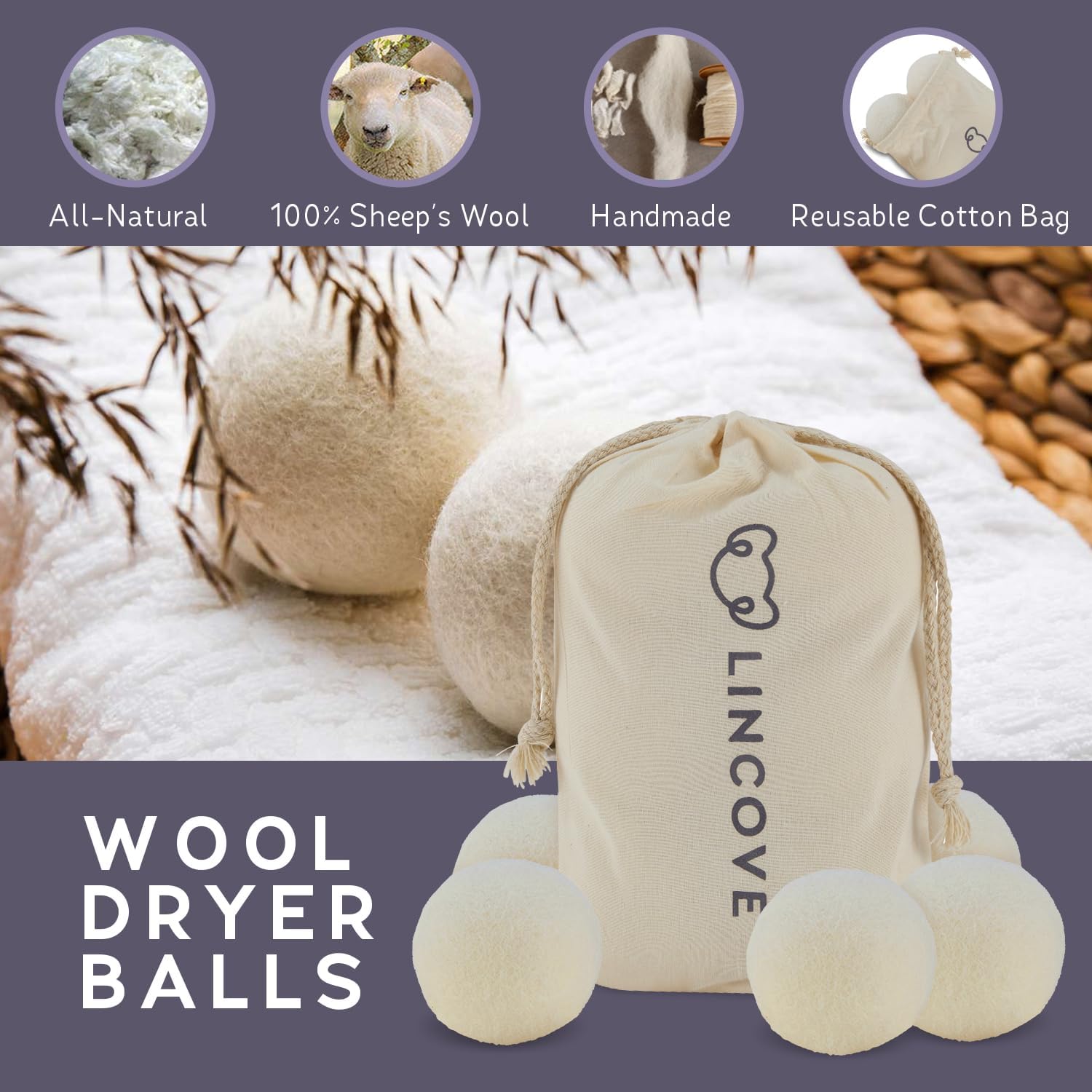 Wool Dryer Balls, 6 Pack – Natural Fabric Softener for Laundry, 100% Organic, Reusable for 1000+ Loads, Anti-Static, Reduces Drying Time, Baby Safe & Hypoallergenic Comes with Lincove Storage Bag