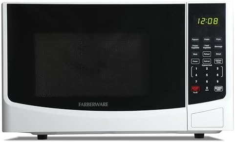 Farberware 0.9 Cu. Ft. Countertop Microwave Oven – 900W Power, Auto Cook Settings, Defrost, and Safety Lock – White