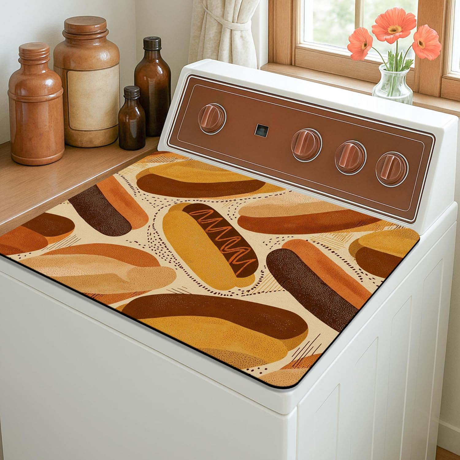 Retro Hot Dog Washer Dryer Top Protector Mat, Vintage Bakery Style Anti-slip Waterproof Washing Machine Dust Covers for Laundry Room 20x24 Inch