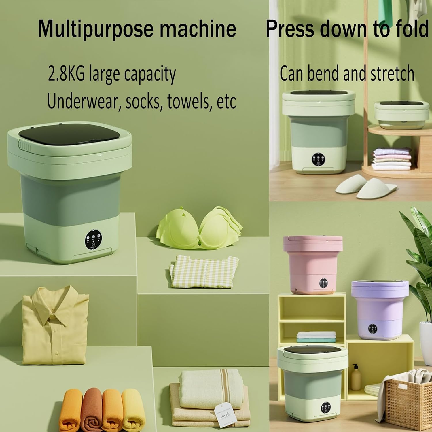 Mini Portable Washing Machine, Folding Washing Machine, Laundry Machine with 3 Modes Deep Cleaning Half Automatic Washt, for Camping, Rv, Travel, Small Spaces (Color : Green, Size : 6L)