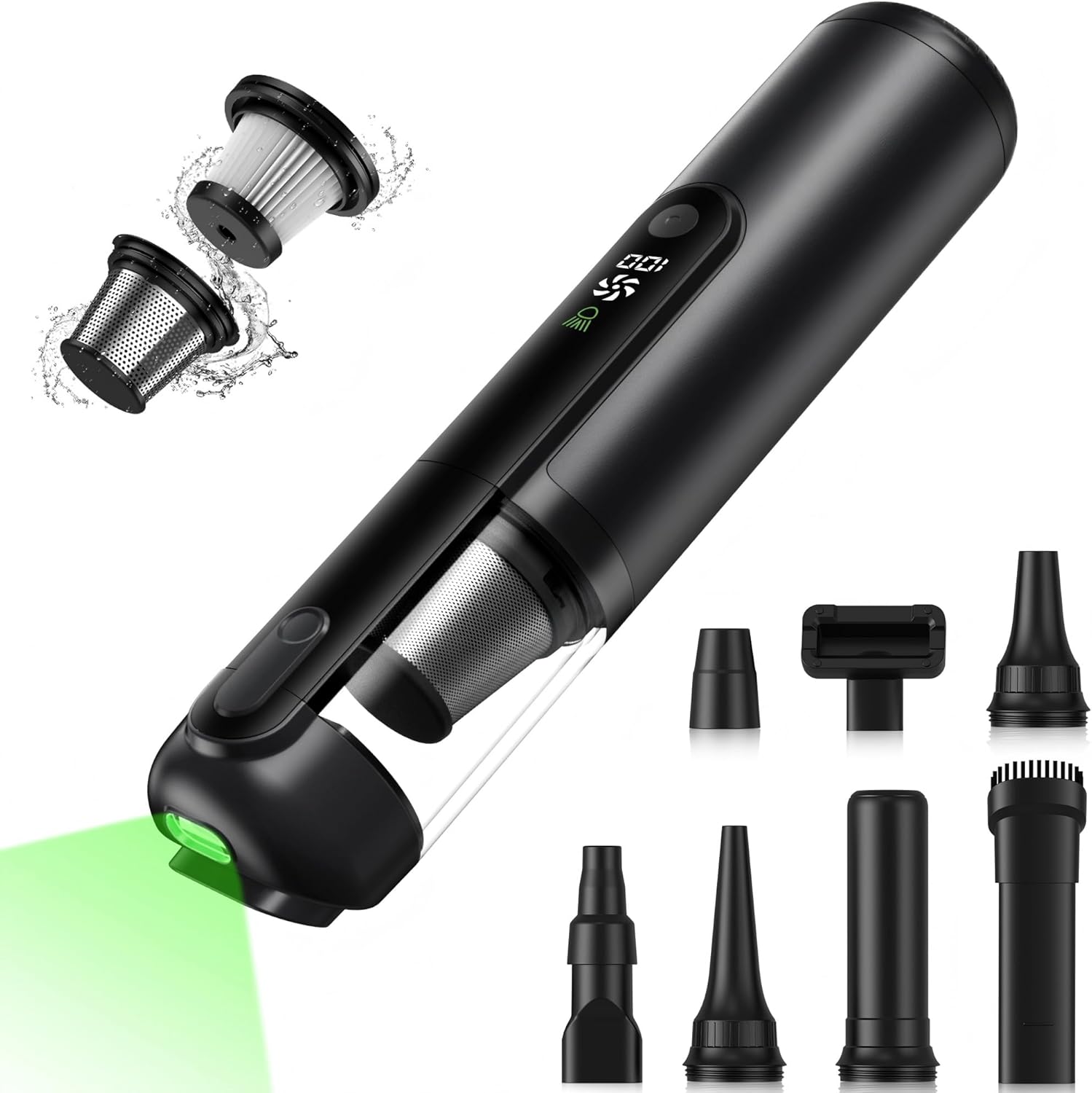 Car Vacuum, Handheld Cordless Vacuum 19000Pa, 4-in-1 Mini Portable Cleaner with Green LED Detection Light, 2 Modes for Car, Home, Office, Desk & Keyboards, Rechargeable, Washable Filter