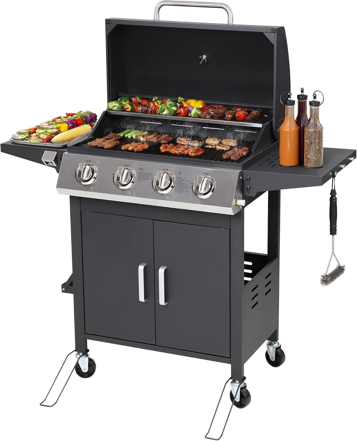 4-Burner Propane BBQ Grill, Stainless Steel Outdoor Gas Grill with 40,000 BTU, Porcelain-Coated Grates and Foldable Side Shelves, Perfect for Patio & Backyard Cooking (Black)