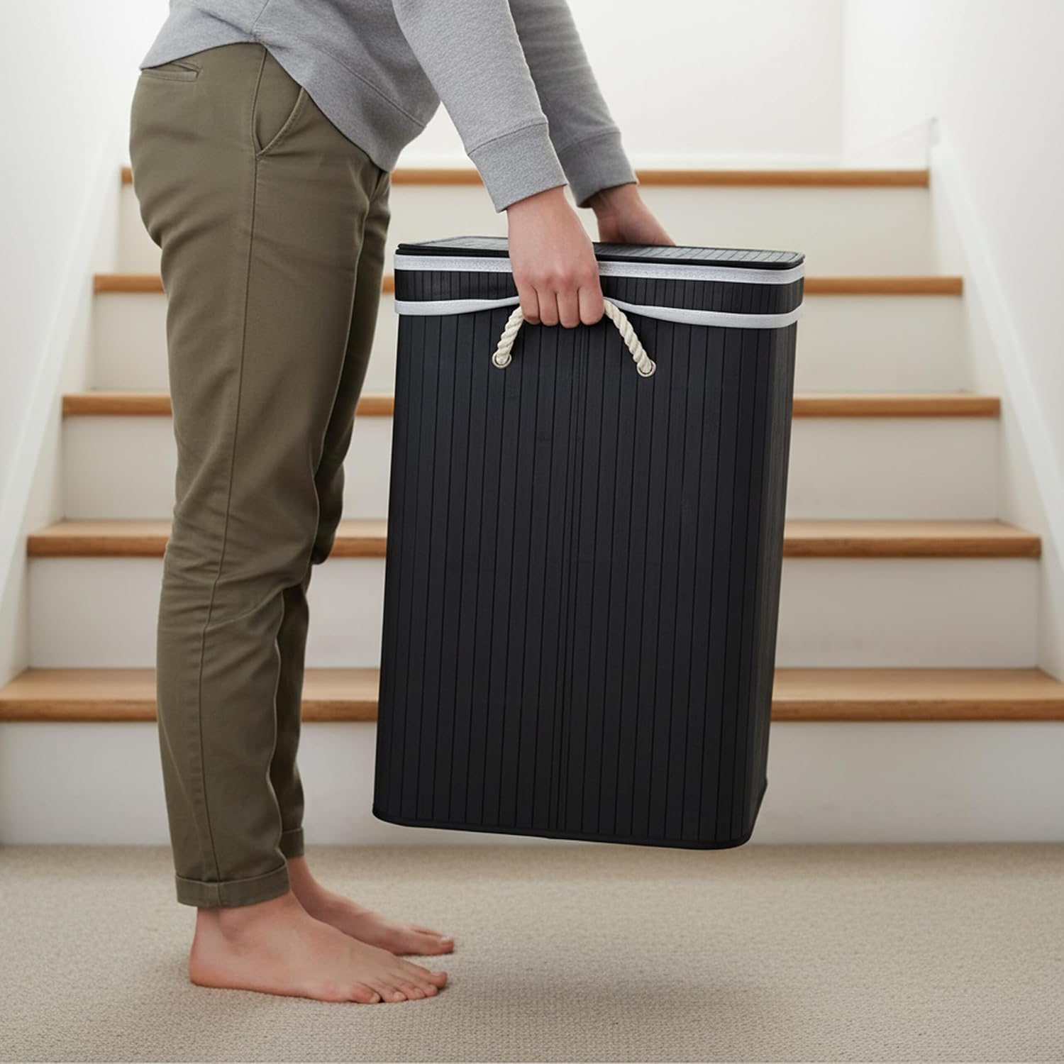 Relaxdays Laundry Basket with Lid, 3 Compartments, Bamboo, 105 L, Foldable, H x W x D: 63 x 52 x 32 cm, Laundry Sorting System, Natural