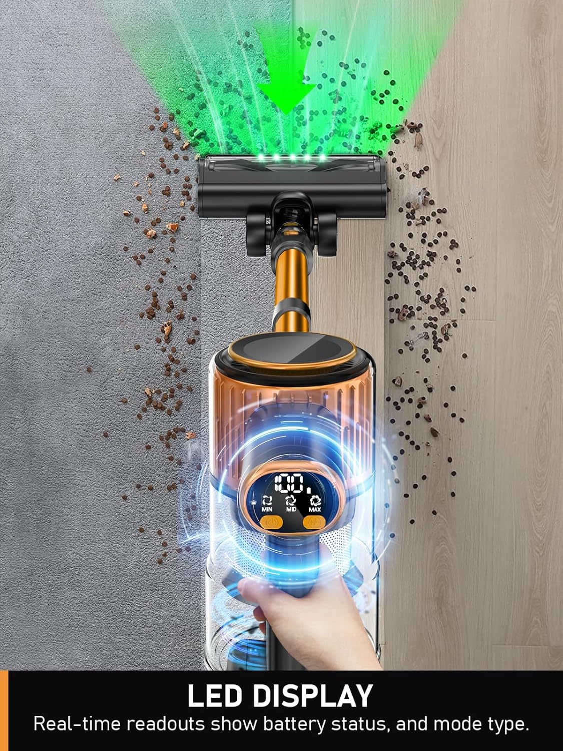 Cordless Vacuum Cleaner, 30Kpa 8 in 1 Lightweight Stick Vacuum with Sofa Brush, 350W Motor, Anti-Tangle Brush with Green Light, 40mins Runtime Rechargeable Vacuums for Hardwood Floor, Carpet, Pet Hair