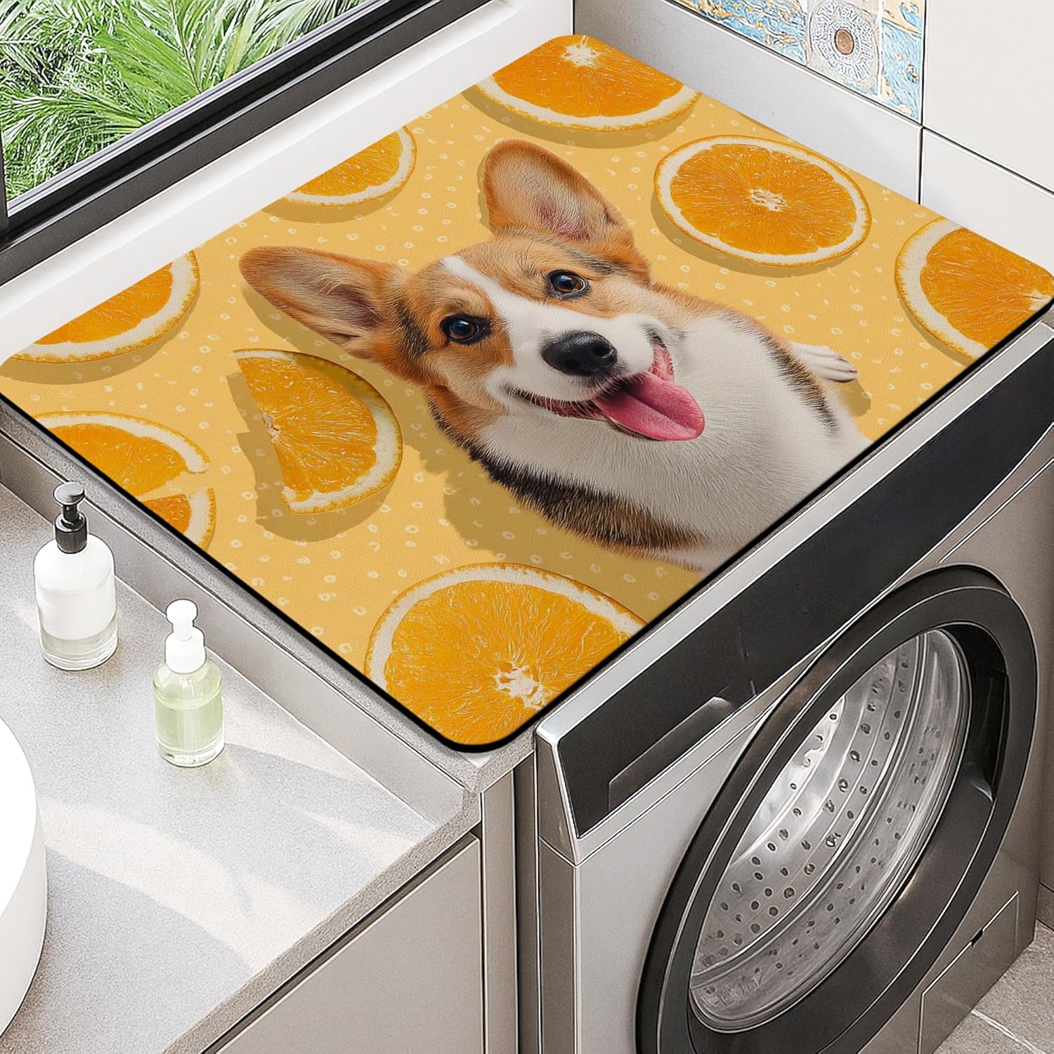 Corgi Washer Dryer Top Protector Mat, Dog Patterned Laundry Machine Dust Covers, Fun and Fanciful Rubber Anti-slip Waterproof Washer And Dryer Mats for Laundry Room 20x24 Inch