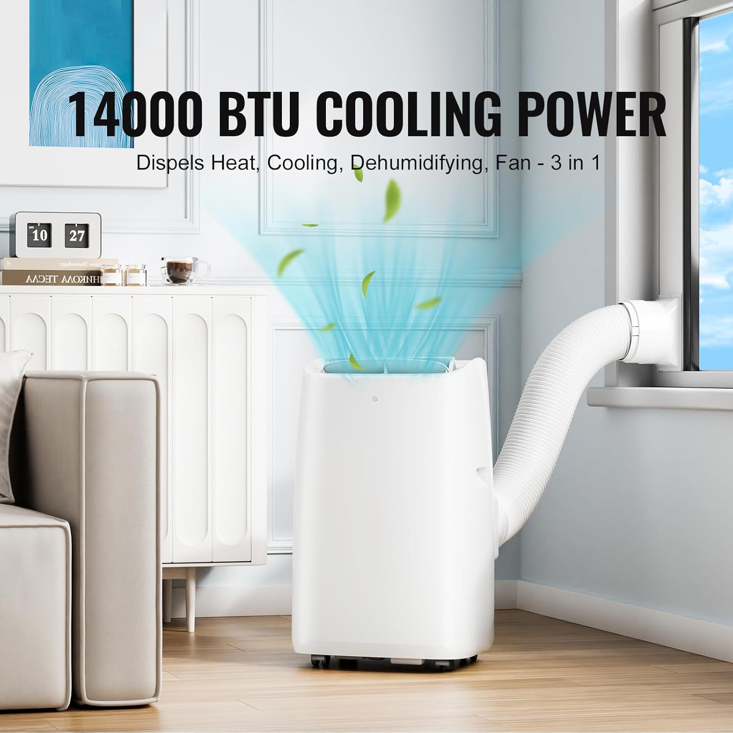 Happybuy 14,000 BTU Portable Air Conditioner, 3-in-1 Unit with Remote, 550-700 Sq.Ft, Cool/Dehumidify/Fan, Low Noise, Rich Accessories, White