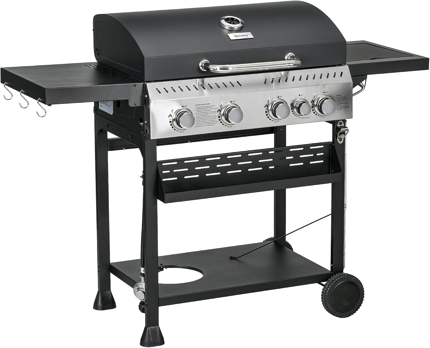 Outsunny 4 Burner Propane Gas Grill with Side Burner, 40,000 BTU Outdoor Barbeque Grill with 430 sq in Cooking Area, Wheels, Warming Rack, Shelves, Thermometer, Bottle Opener, Black