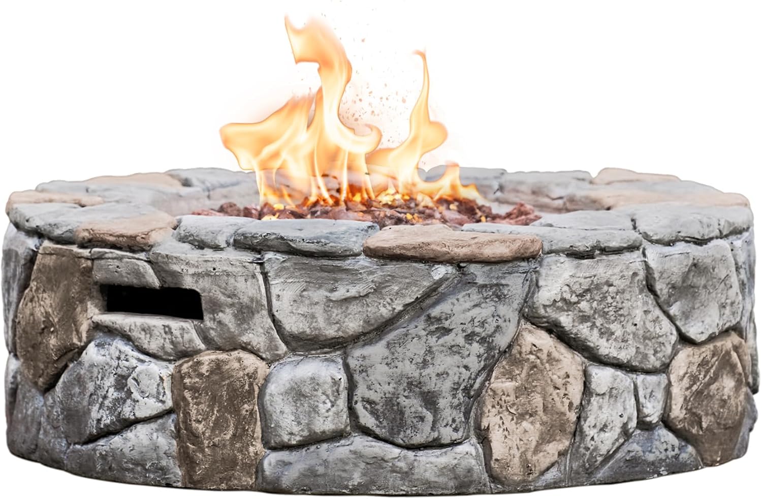 Teamson Home 28 in. Outdoor Round Propane Gas Smokeless Fire Pit with Sturdy Faux Stacked Stone Base, Quick Ignition and Weather-Resistant PVC Cover, Gray