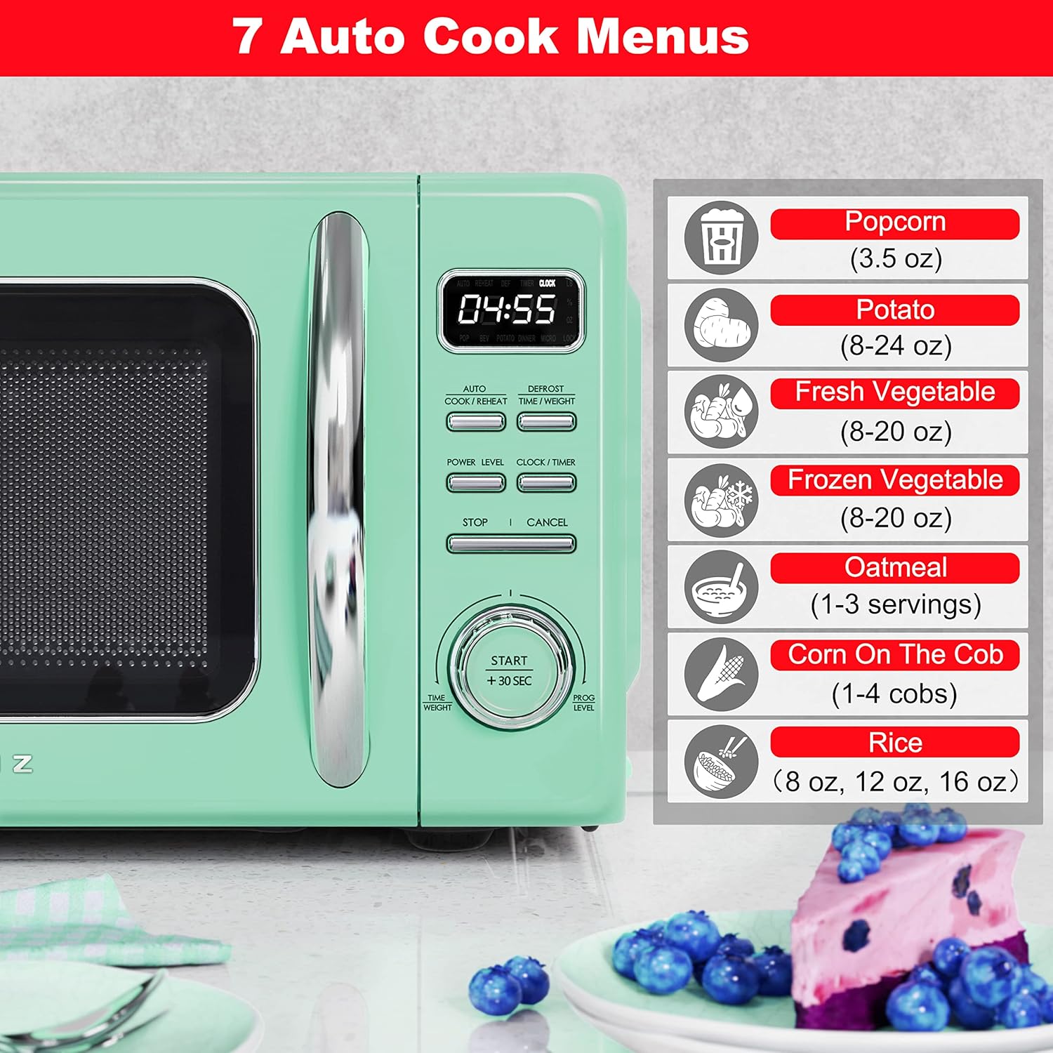 Galanz GLCMKZ09GNR09 Retro Countertop Microwave Oven with Auto Cook & Reheat, Defrost, Quick Start Functions, Easy Clean with Glass Turntable, Pull Handle.9 cu ft, Green