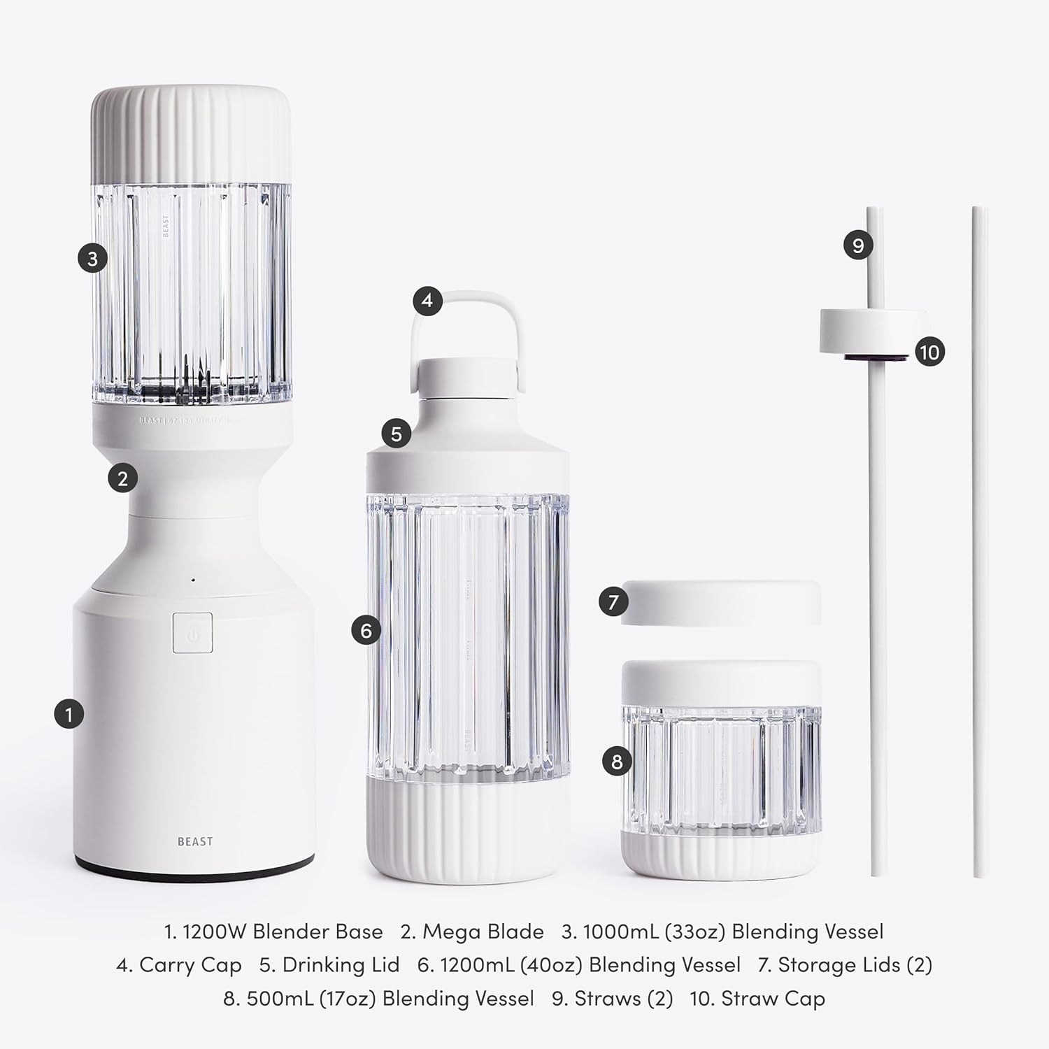 Beast Mega 1200 Plus | Premium Countertop Blender | Smoothies, Shakes, Sauces, Dips, Soups | Blends Ice and Frozen Fruit | XL Vessel | With Extra Vessels, Straw System | 1200W | (Cloud White, 120V)