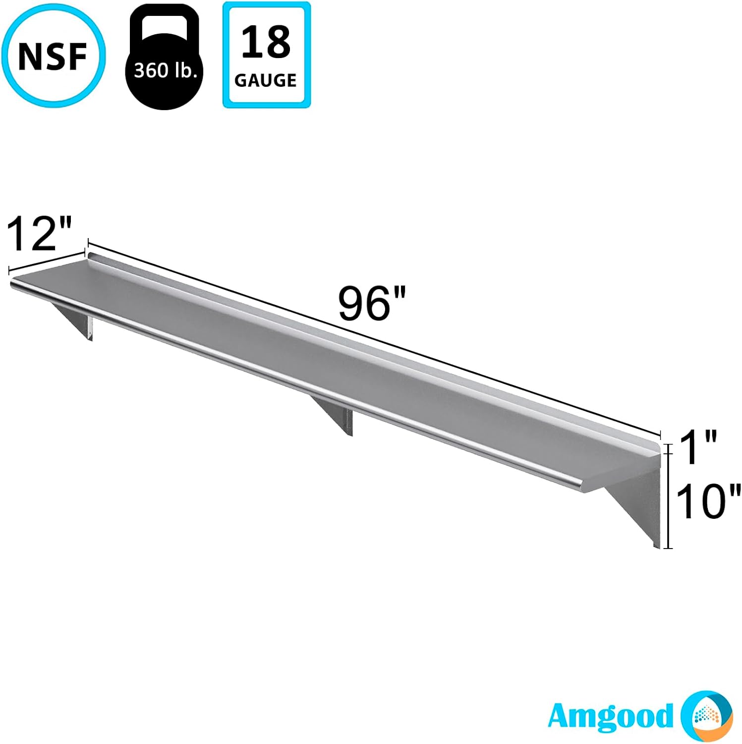 AmGood 12 in. x 96 in. Stainless Steel Wall Shelf | NSF Certified | Appliance & Equipment Metal Shelving | Kitchen, Restaurant, Garage, Laundry, Utility Room