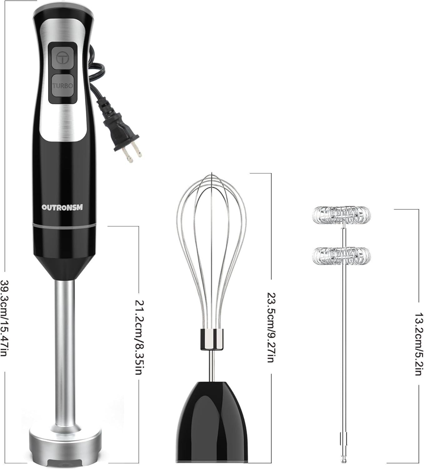 Immersion Blender Handheld, OUTRONSM Hand Blender with 4-point thickened SS blades, Milk Frother, Egg Whisk for Coffee Milk Foam, Puree Baby Food, Smoothies, Sauces and Soups – Black