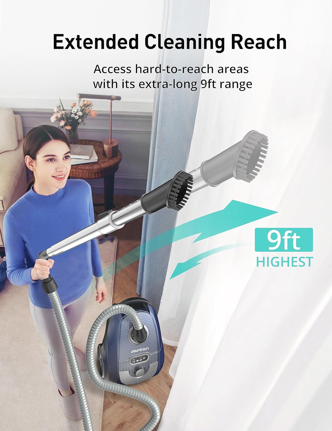 Bagged Canister Vacuum, Aspiron Canister Vacuum Cleaner, 3.5L, H13 HEPA Filter, 5 Cleaning Tools, Pet-Friendly Vacuum Cleaner for Carpets, Hardwood Floors, Stairs, Pet Hair, Household, Blue