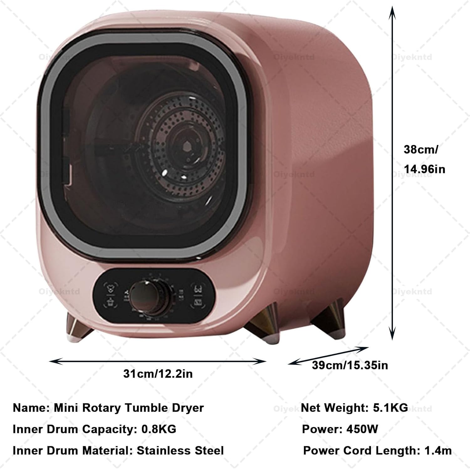 Tumble Dryer, 450W Compact Freestanding Tumble Dryer with Stainless Steel Tub and Customisable Timer, Wall-Mounted Portable Small Clothes Drying Machine Pink