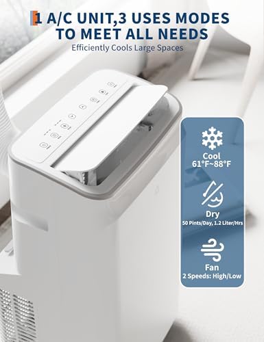 Versatile 12000 BTU Portable Air Conditioners with Remote, Quiet AC Unit for Rooms up to 550 Sq.Ft., 3-IN-1 Standing Air Conditioner with Fan & Dehumidifier, 3 Speed, Timer, Auto Swing, White Top