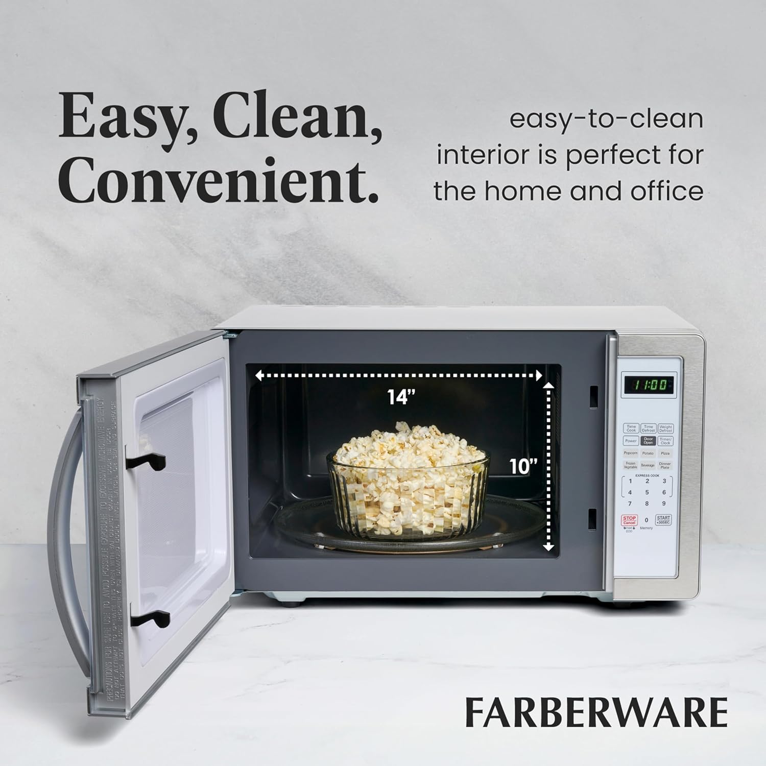 Farberware 1.1 Cu. Ft. Countertop Microwave Oven – 1000 Watts Power, Auto Cook Settings, Defrost, Easy Clean and Child Safety Lock - White Platinum