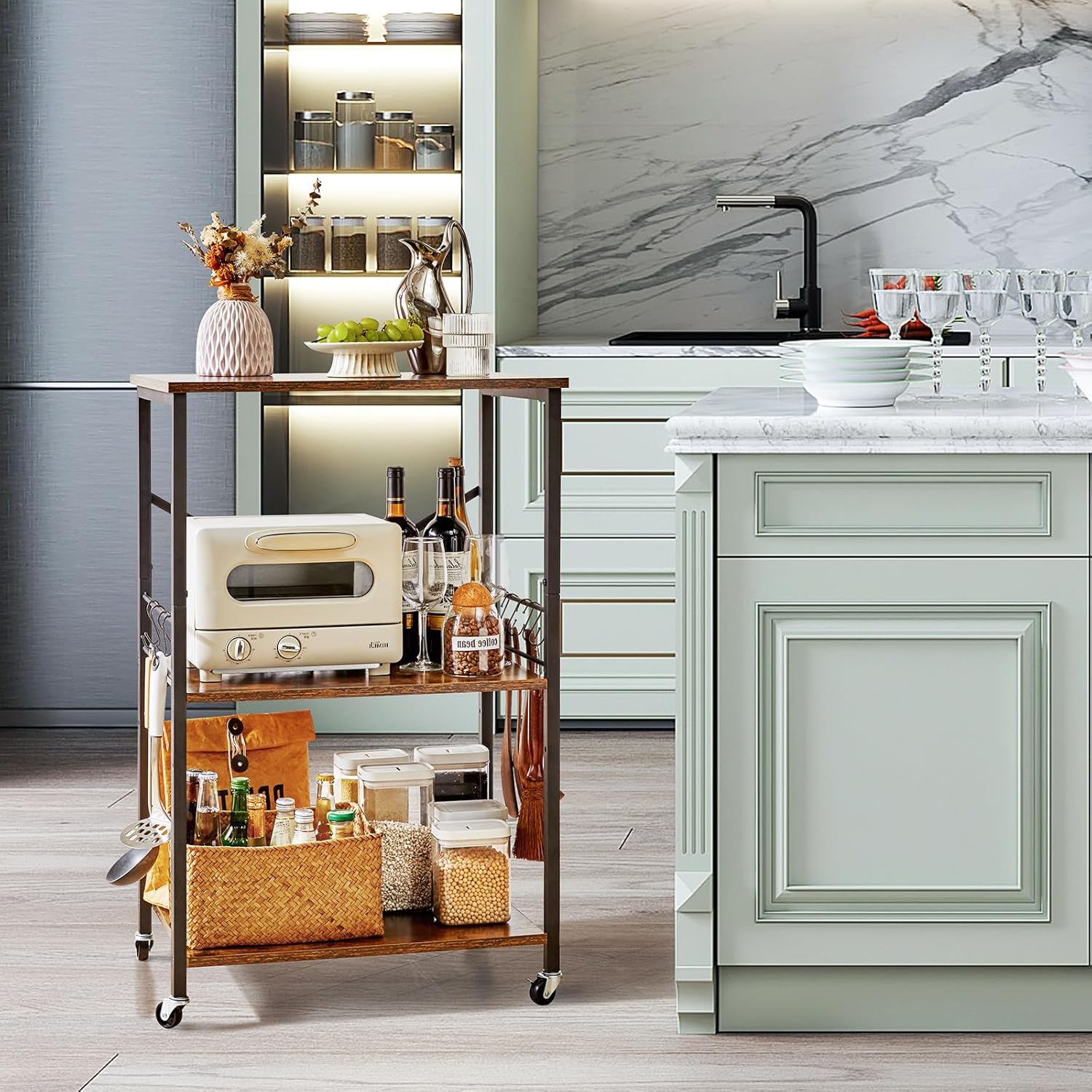 IBUYKE Kitchen Shelf Cart, 3-Tier Microwave Oven Stand, Baker’s Rack with Metal Frame and 8 Hooks, Industrial Printer Stand, Utility Standing Storage Shelf for Coffee Bar, Simple Assembly, TMJ023H