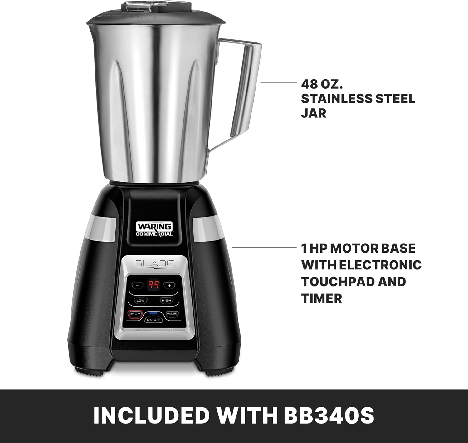 Waring Commercial BB340 Blade 1 HP Blender, 2-Speed Key Pad with Pulse and 99 Second Countdown Timer , 48 oz Stainless Steel Container, 120V, 5-15 Phase Plug