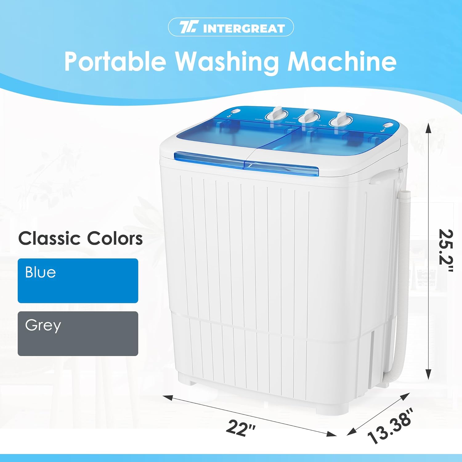 INTERGREAT Portable Washer and Dryer, 16 lbs Mini Small Washing Machine Combo with Spin Dryer, Compact Twin Tub Laundry Washer Machine for Apartments, Dorm, Rv, Camping, Blue