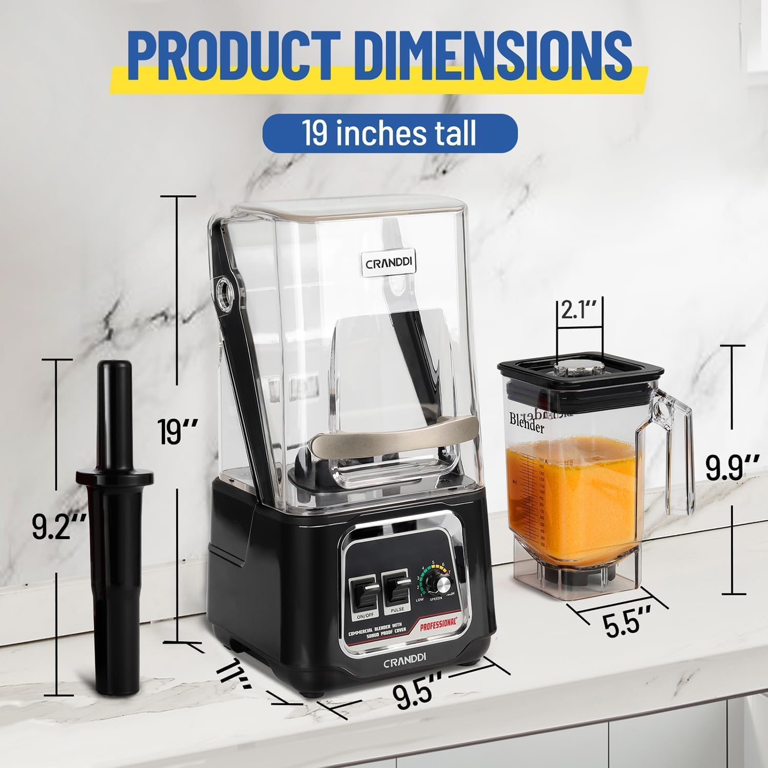 CRANDDI Commercial Blender, 2200W Countertop Blenders with Removable Shield, Quiet Smoothie Blender for Shakes and Ice Crushing, 52oz, 38000 RPM Professional Blenders for Kitchen, K80 (Black)