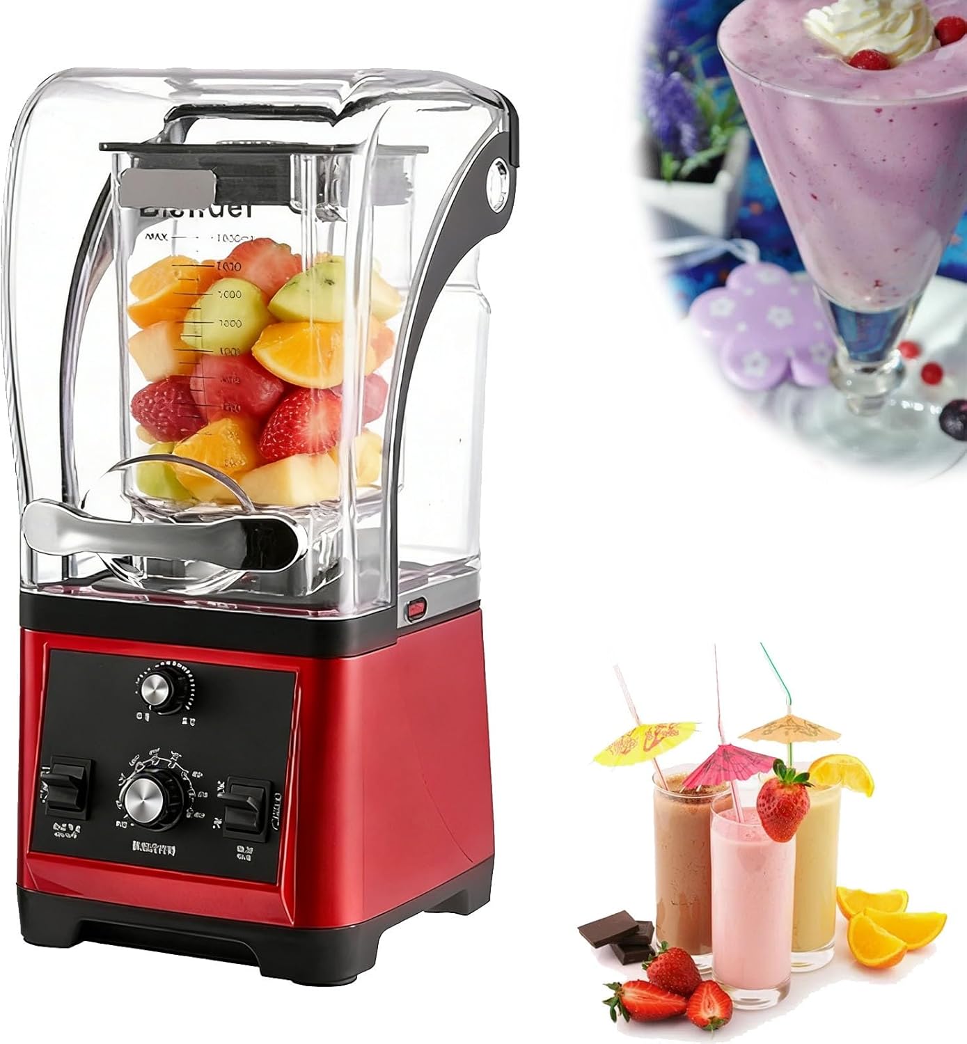 Countertops Professional Electric Food Machine, Noise-Reducing Blender with a Soundproof Cover, Commercial Shaved Ice Machine, 3-Second Quick Ice Crushing for Juices and Smoothies(Red)