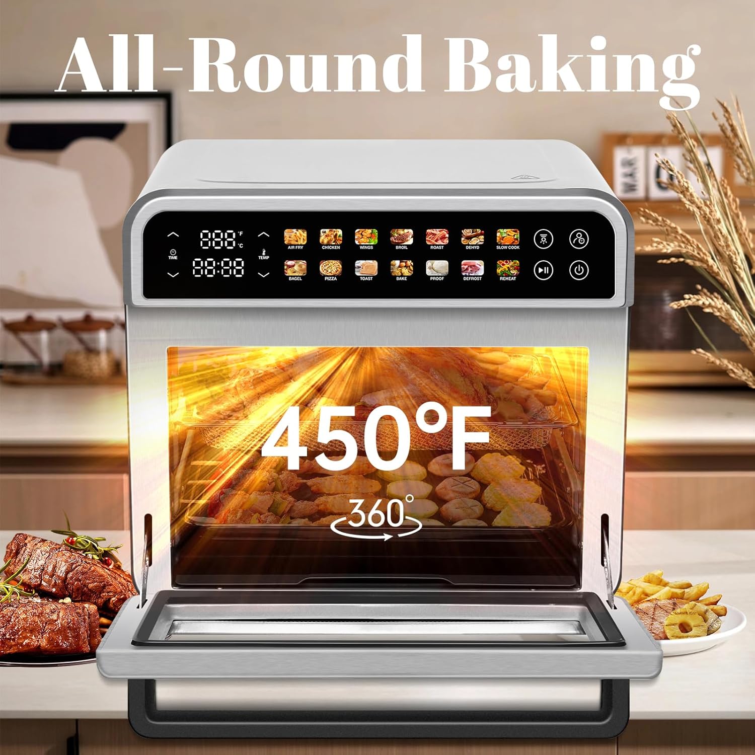 SEEDEEM 32QT Air Fryer Combo, 14-in-1 Extra Large Convection Oven with LED Touchscreen, Stainless Steel Countertop Oven for Family Cooking