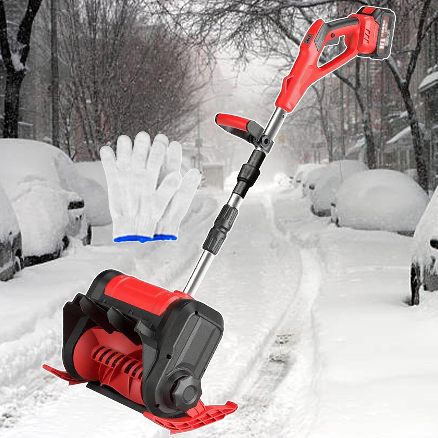 Cordless Snow Shovel,Handheld Electric Snow Blower,Rechargeable Outdoor Snow Thrower 8m Throwing Distance,3 Directions Adjustment, for Yard (Red 2batteries)