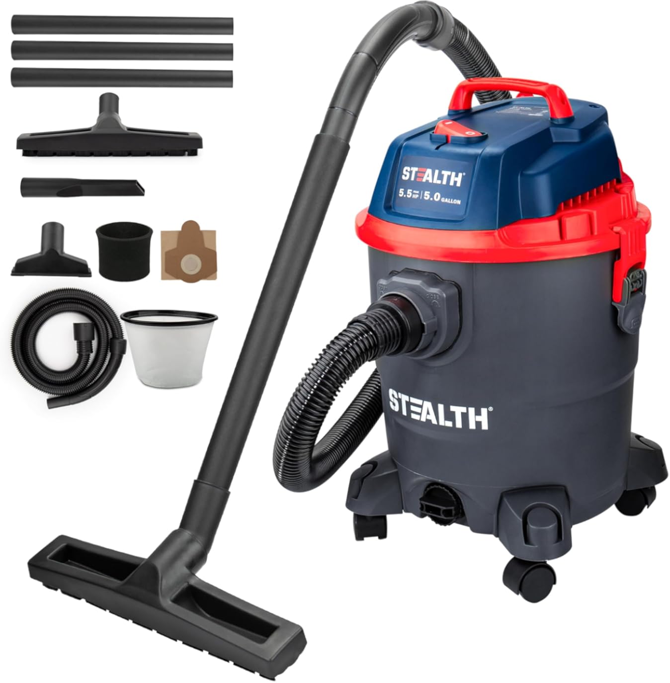 Stealth Wet/Dry Vacuum 5 Gallon, 5.5 Peak HP Shop Vacuum with Blower & Drain Port for Home Clean, Garage Clean, Car Detailing, Workshop, ECV05P2 Small Shop Vac