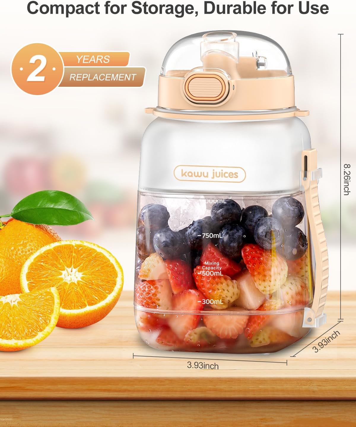 kawu Portable Blender, Portable Smoothie Blender On the Go, No-BPA, Shakes and Smoothies Leakproof-Lid and Sip Spout, USB-C Rechargeable, Recipes, with Handle/Strap, White