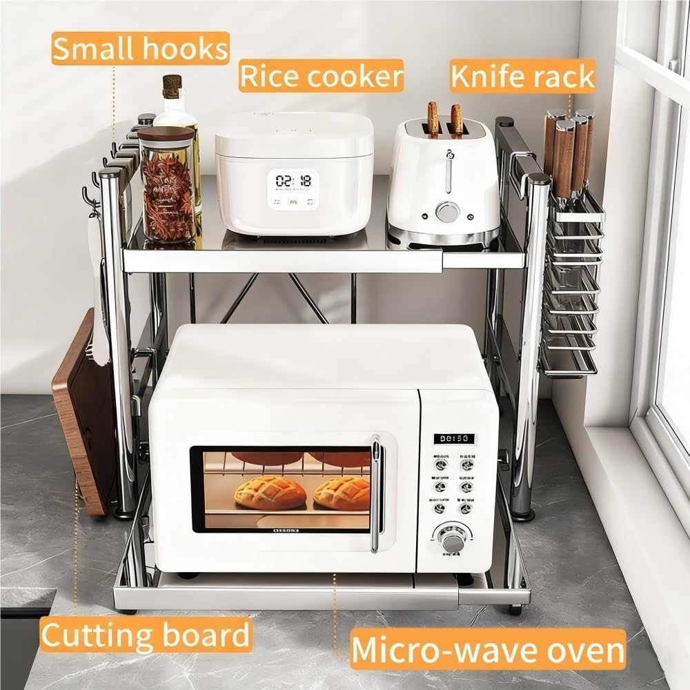 Adjustable Microwave Countertop Stand with Pull-Out Bottom Tray, Metal Microwave Oven Rack for Kitchen Counter Storage(Silver,29.8