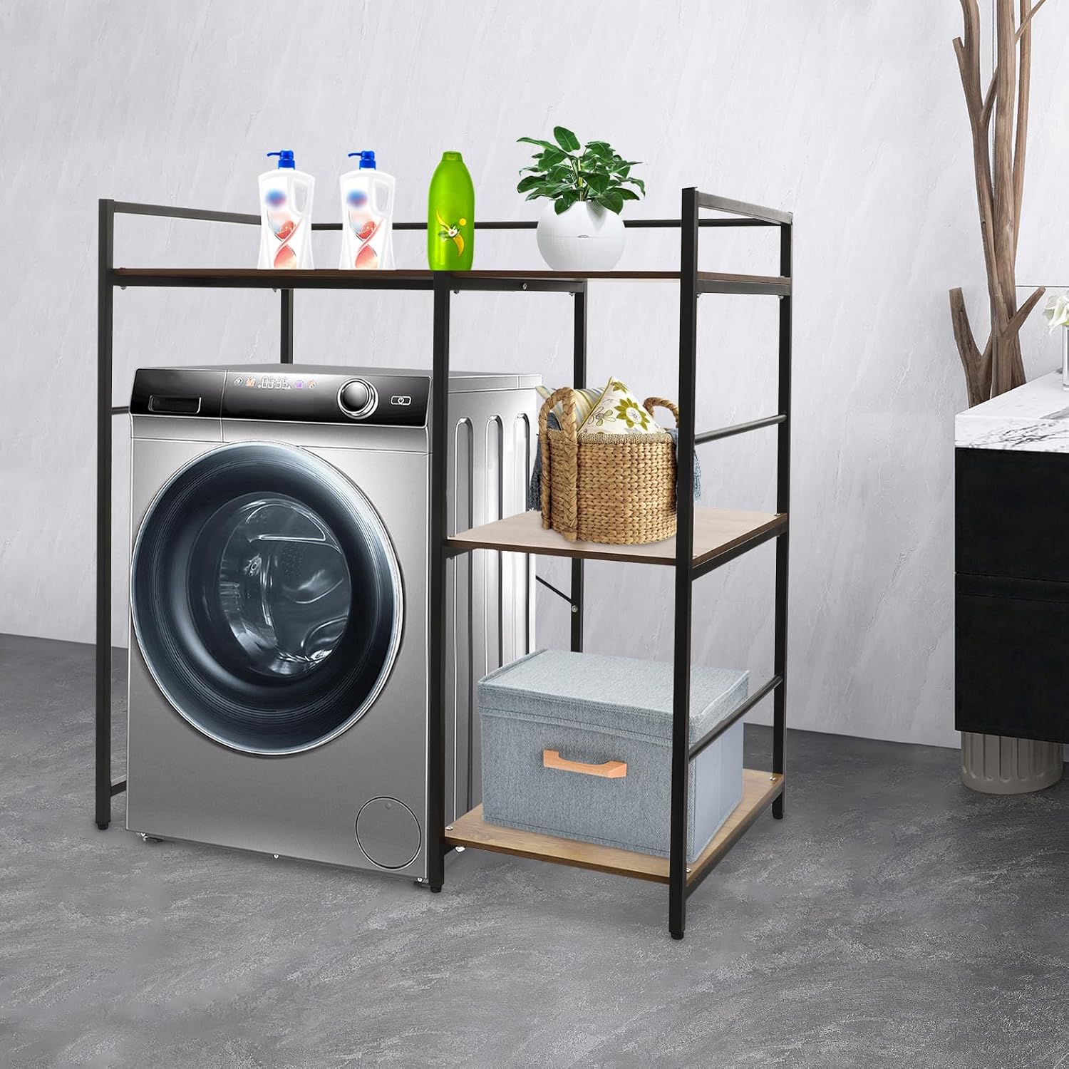 3-Tier Washing Machine Shelf, Laundry Storage Rack Organizer for Detergent & Supplies, Heavy Duty Iron & Wood Utility Shelf with 12mm Board, Fits 25.6