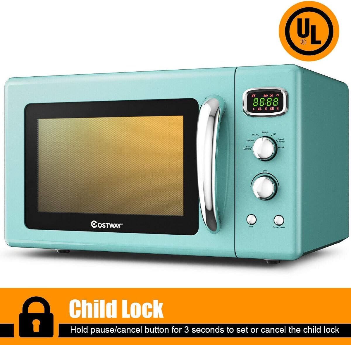 COSTWAY Retro Countertop Microwave Oven, 0.9Cu.ft, 900W Microwave Oven, with 5 Micro Power, Defrost & Auto Cooking Function, LED Display, Glass Turntable and Viewing Window, Child Lock