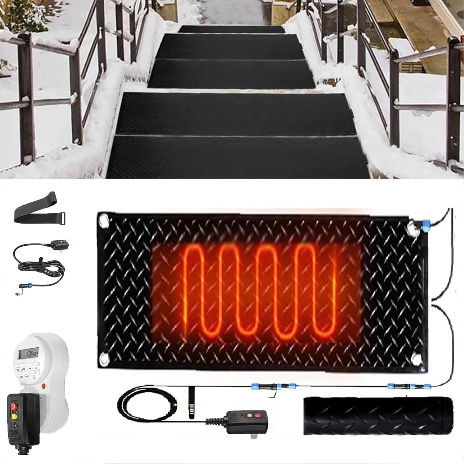 Heated Snow and Ice Melting Mats for Entrances, 1/2/3/4/5 Pcs Non Slip Rubber Heated Mat,with Timer Outdoor Stairs- Non-Slip Winter Removal and Ice Melt Products -Heating Entrance(1 Pcs,12x36i
